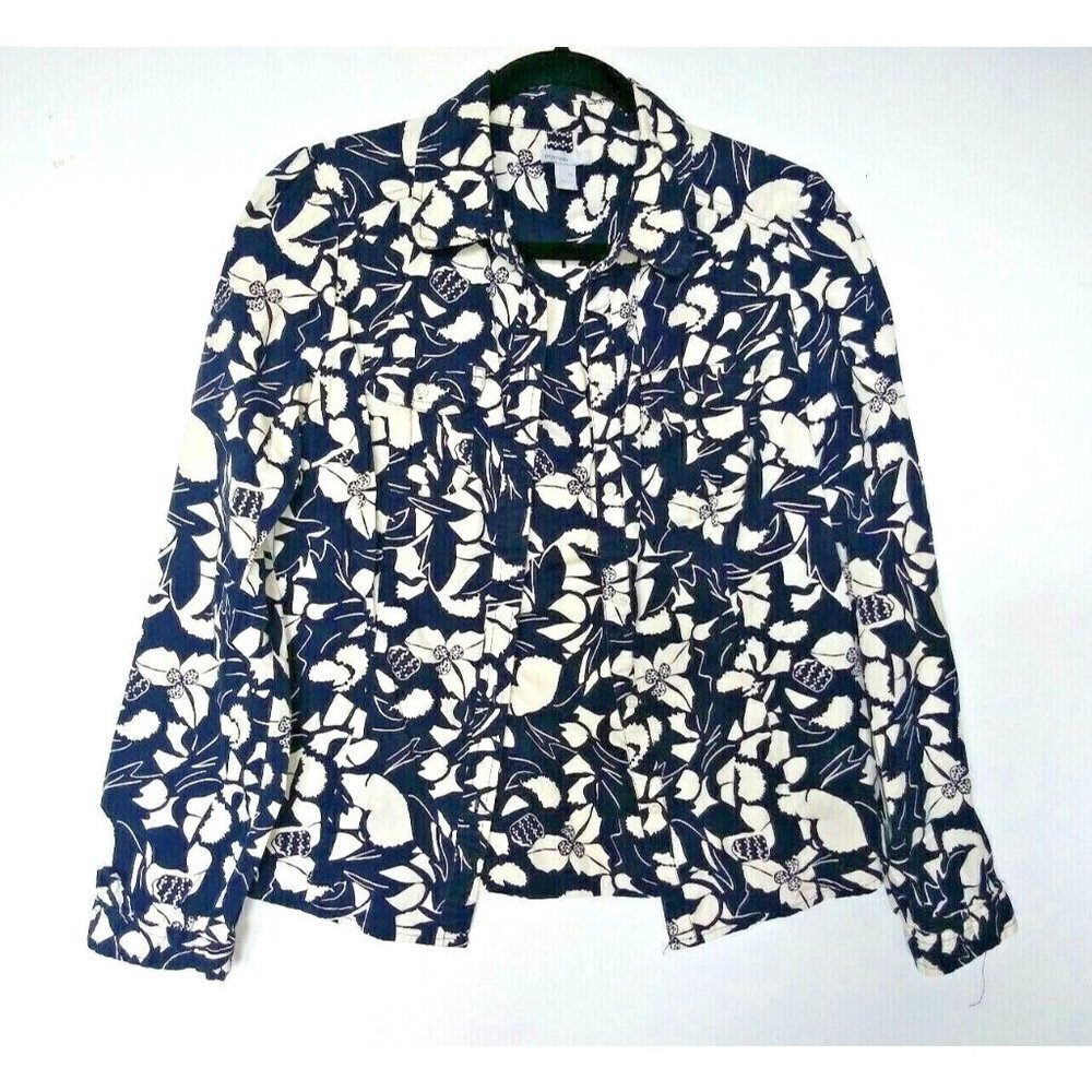 Womens Old Navy Shirt Size M Floral Career Top 100% Cotton Blue Ivory L/S EUC